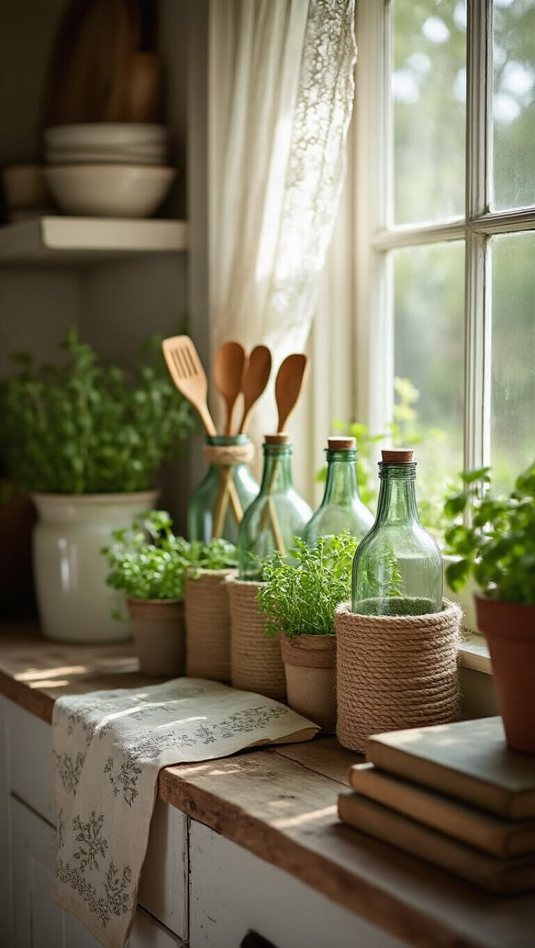Cottage kitchen with garden window, lace curtains, and rope-wrapped bottles holding utensils on reclaimed wood shelf, surrounded by potted herbs and vintage cookbooks in soft, romantic lighting.