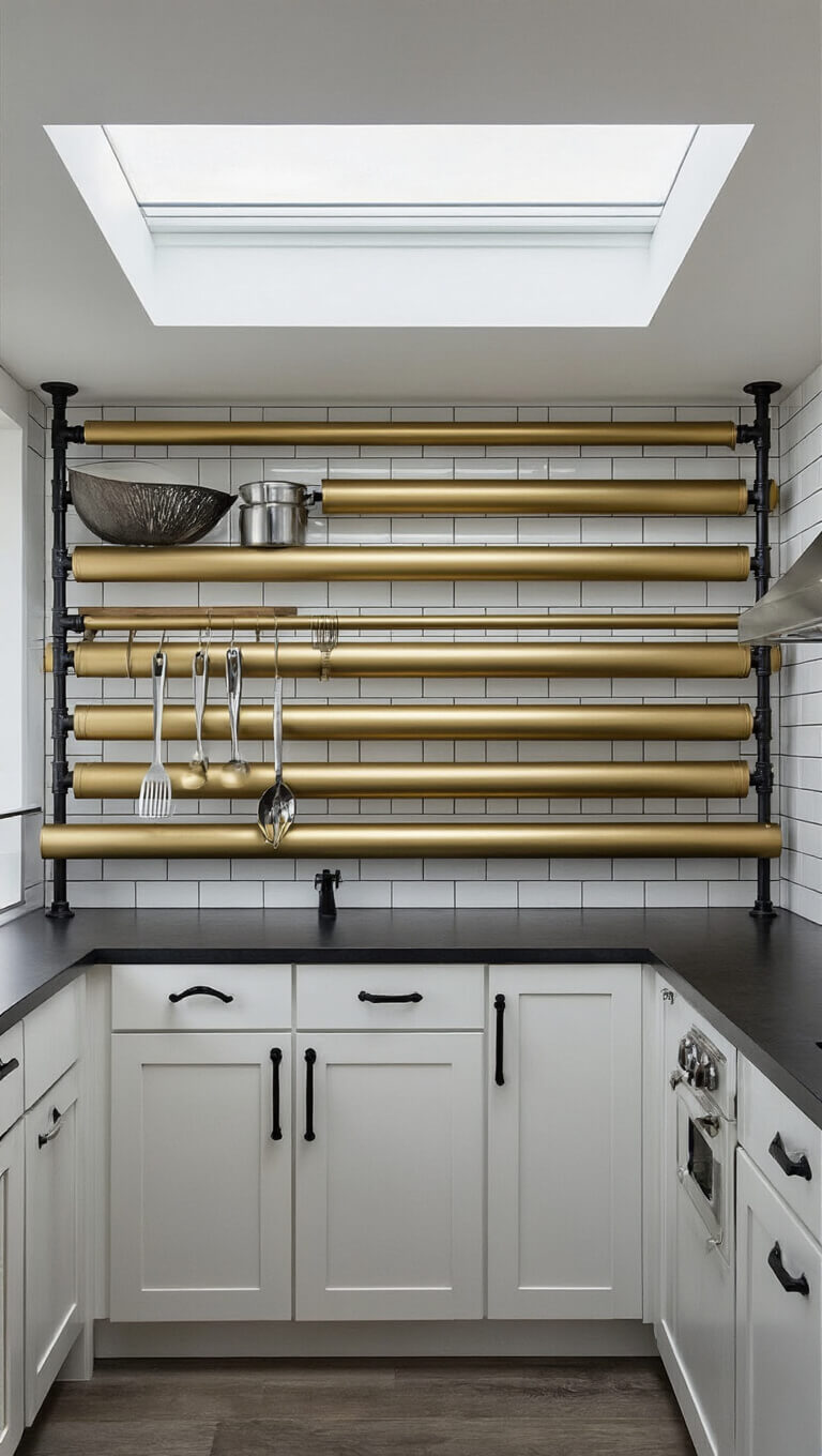High-angle view of a small 6'x12' galley kitchen with skylight, featuring metallic painted cardboard tubes arranged geometrically to hold modern utensils, industrial pipe shelving, white subway tile backsplash, and a modern industrial design in brushed gold, white, and black accents.