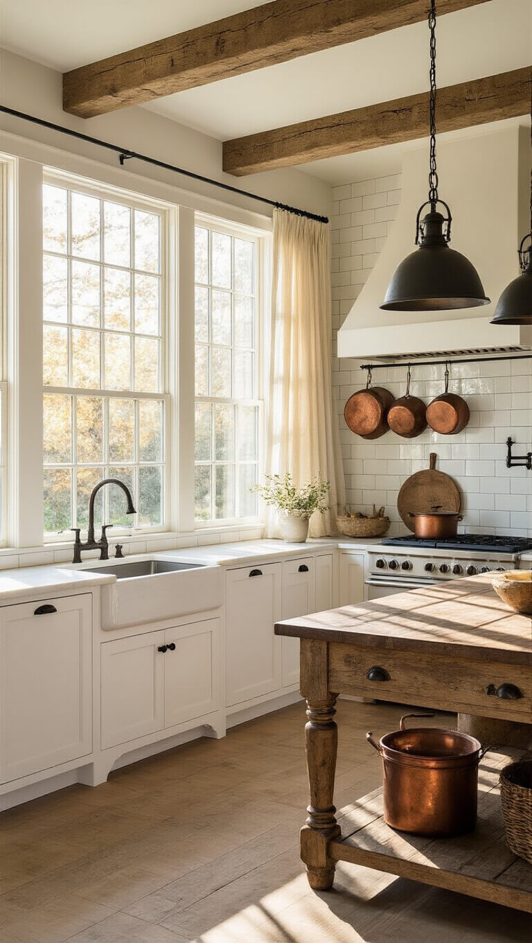 Farmhouse kitchen at golden hour with white shaker cabinets, exposed beams, oak island, and copper cookware in warm natural light.