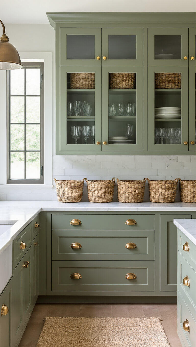 Modern farmhouse butler's pantry with sage green floor-to-ceiling cabinets, mixed metal hardware, marble countertops, glass-front uppers displaying crystal decanters, and morning light casting shadows.
