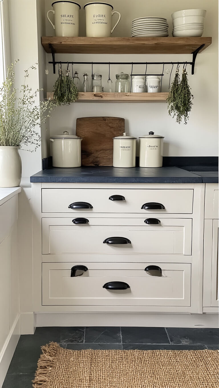 Farmhouse kitchen workspace with soapstone countertops, matte black and brushed nickel hardware, vintage enamelware, dried herbs, and a jute rug on slate flooring.
