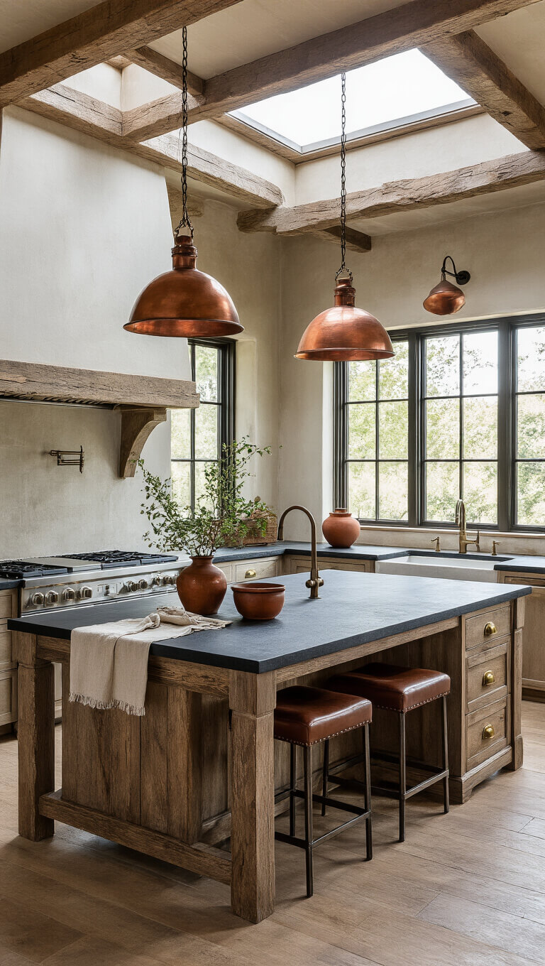Transitional farmhouse kitchen island with weathered oak base, black soapstone top, mixed metal finishes, and ambient morning light.