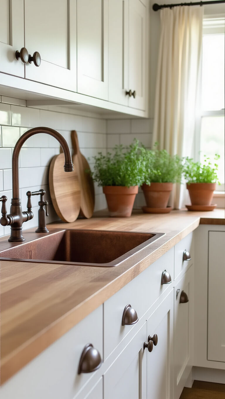 Close-up of galley kitchen showing white oak cabinets with iron knobs and pulls, copper sink with bronze faucet, and herb pots on windowsill in soft afternoon light.