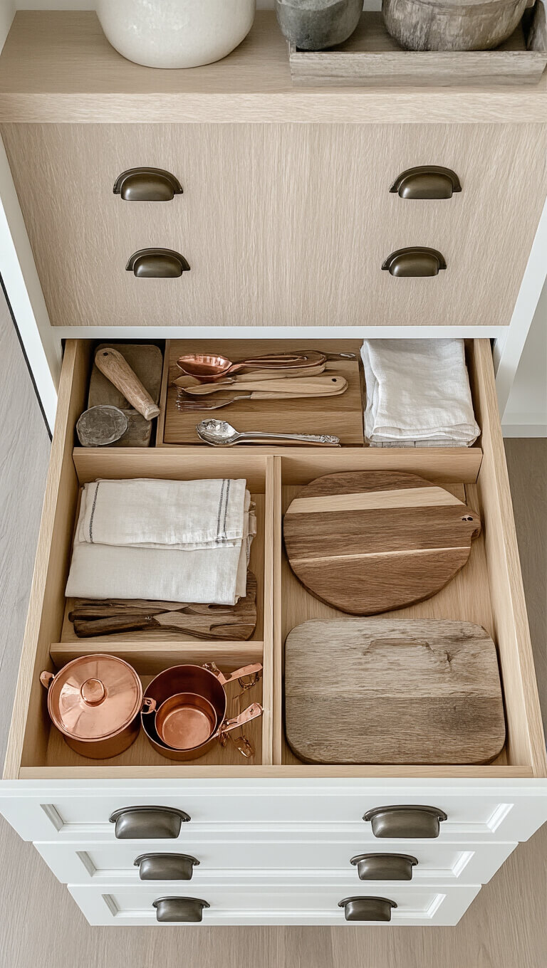 Overhead view of organized white oak kitchen drawers with aged bronze hardware, vintage utensils, linens, copper measuring cups, and weathered cutting boards in natural light.