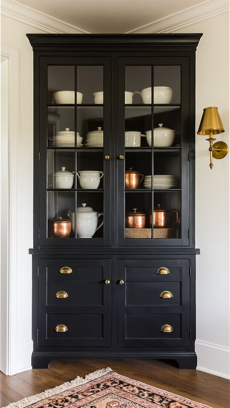 Corner cabinet with ironstone and copper collection in golden hour light, featuring brushed brass sconce, vintage rug, and wide-plank pine flooring.