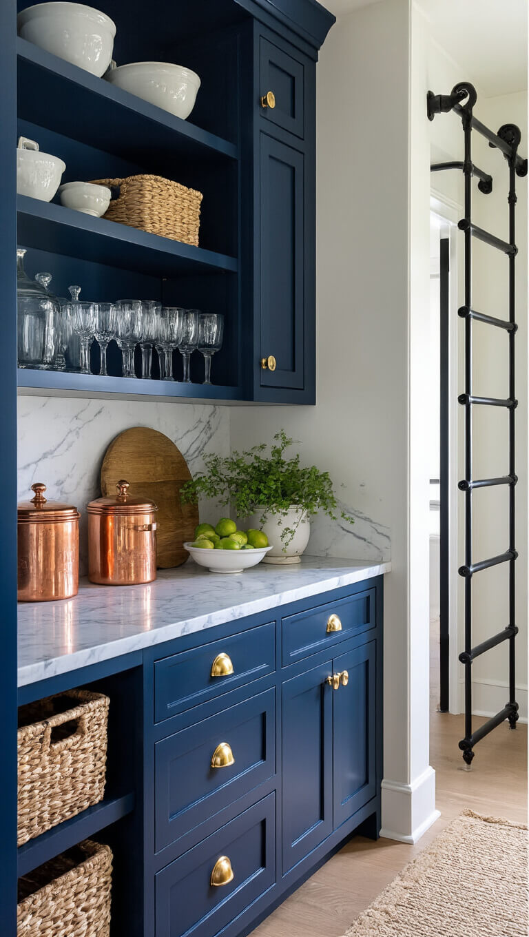 Navy blue butler's pantry with brass knobs and elongated pulls, marble countertop in afternoon light, vintage glassware on open shelves, woven baskets, copper canisters, and black iron ladder rail.