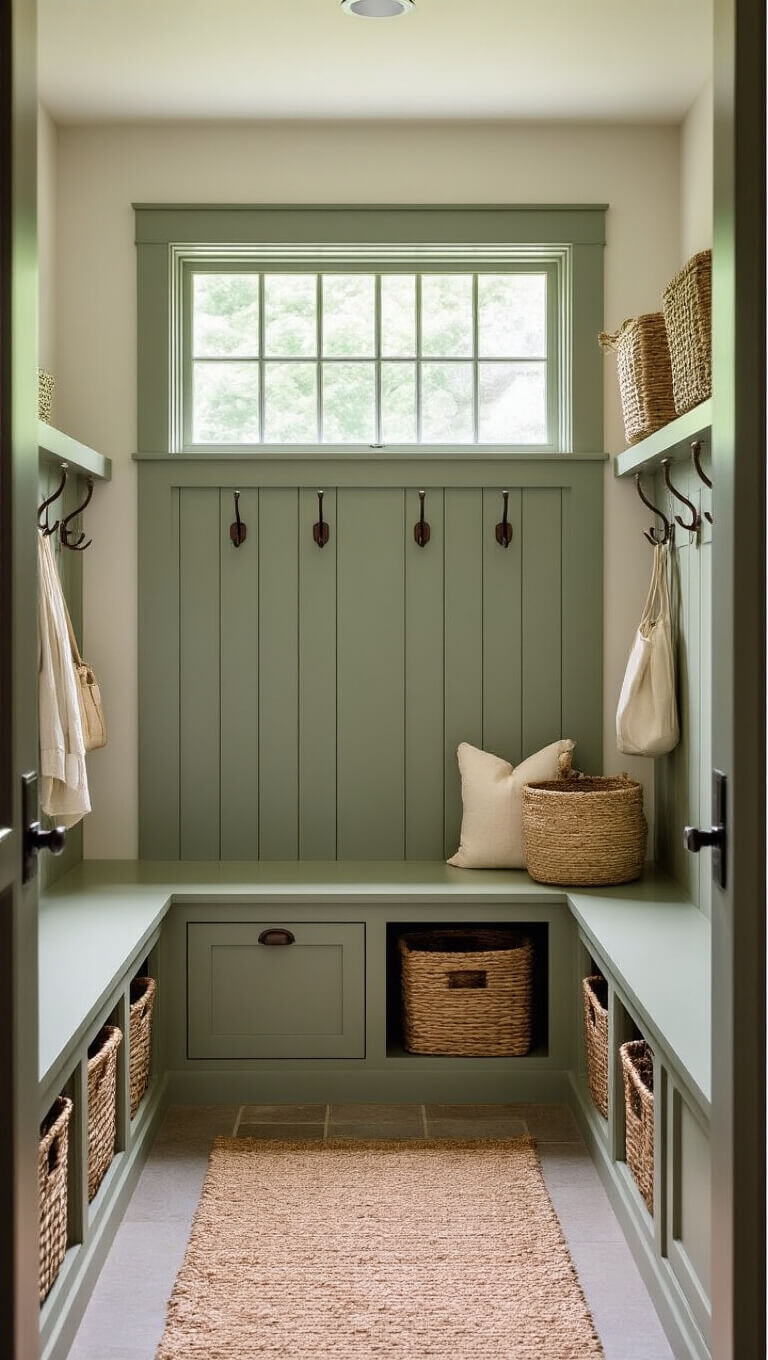 Sage green mudroom lockers with oil-rubbed bronze hardware, Shaker-style doors, woven baskets, and canvas bins, softly lit by morning light.