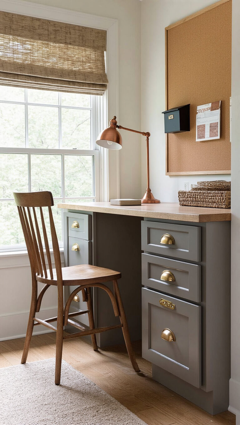 Built-in kitchen command center nook with vintage chair, cork bulletin board, and copper desk lamp in afternoon light.
