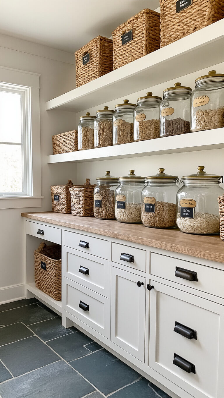 Organized pantry with glass jars on white oak shelves, woven baskets, vintage crates, and black iron hardware, lit by natural light.