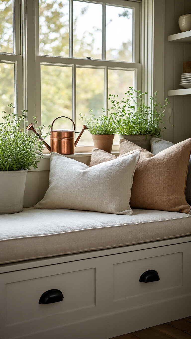 Cozy farmhouse kitchen window seat with built-in storage, natural linen cushions, vintage pillows, and potted herbs in soft afternoon light.
