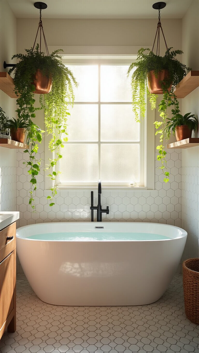 Modern sunlit bathroom with soaking tub, marble tiles, hanging fern, trailing pothos, and golden hour light filtering through window.