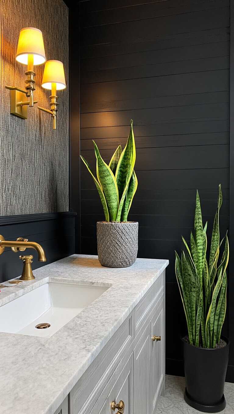 Intimate 8'x6' powder room with black shiplap walls, floating marble vanity, sculptural ZZ plant in ceramic vessel, brass sconces, and tall snake plant in matte black planter.
