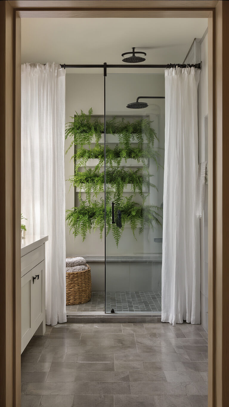 Spa-inspired master bathroom at dawn with sheer curtains, rainfall shower, trailing ferns, white oak vanity with orchids, and warm grey stone floors.