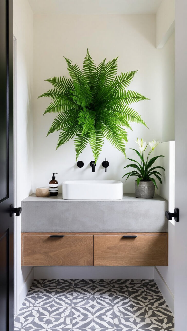 High-angle view of a modern guest bathroom with a Bird's Nest Fern above a floating concrete vanity, geometric grey and white tiles, and matte black fixtures illuminated by golden hour light.