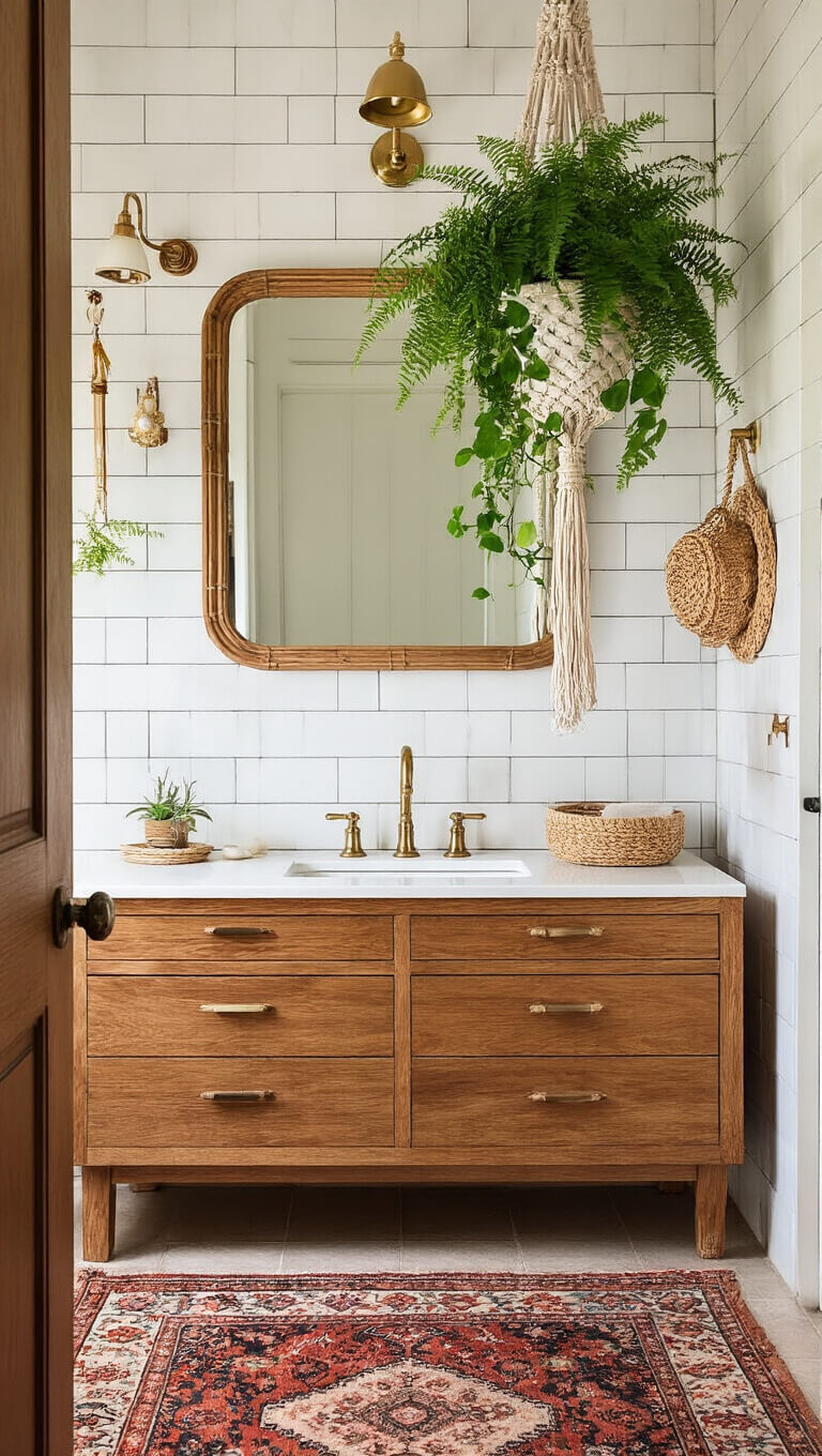 Bohemian bathroom with macramé plant hangers, mixed greenery, white subway tiles, warm wood vanity, Persian rug, rattan accents, and brass fixtures under natural and warm lighting.