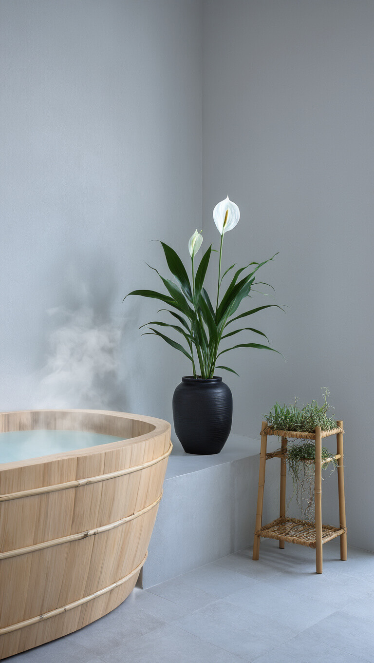 Minimalist Japanese-style bathroom at dusk with hinoki wood soaking tub, steam rising, peace lily in black vase, and air plants on bamboo stand.