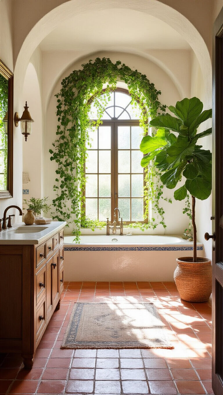 Mediterranean-style bathroom with terra cotta floors, hand-painted tiles, brass fixtures, and lush plants in bright morning light.
