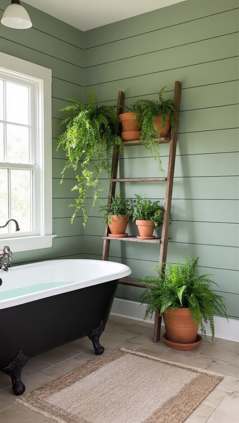 Modern farmhouse bathroom with sage green shiplap walls, clawfoot tub in matte black, vintage ladder shelf holding ferns and pothos in terra cotta pots, lit by afternoon sunlight and warm lighting.