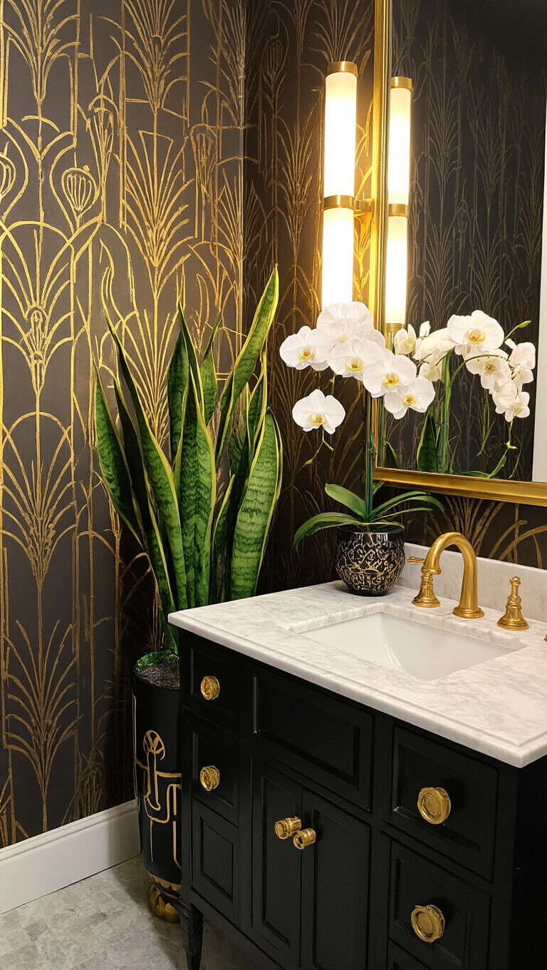 Art Deco powder room with geometric wallpaper, brass accents, snake plant in black and gold planter, orchids on marble vanity, and dramatic side lighting.