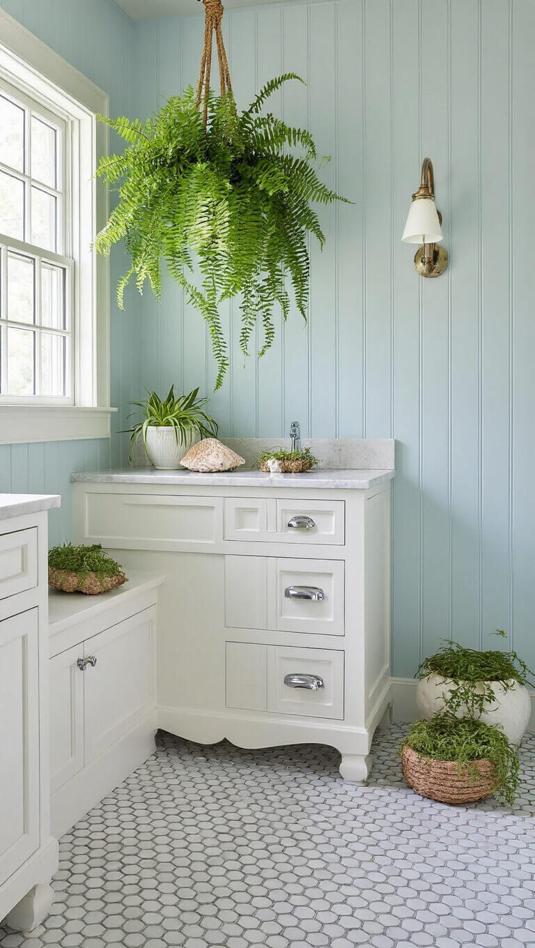 High-angle view of a coastal bathroom with pale blue beadboard walls, penny tile floors, and natural light; white vanity with chrome hardware, hanging Boston ferns, and shell-inspired air plant displays.