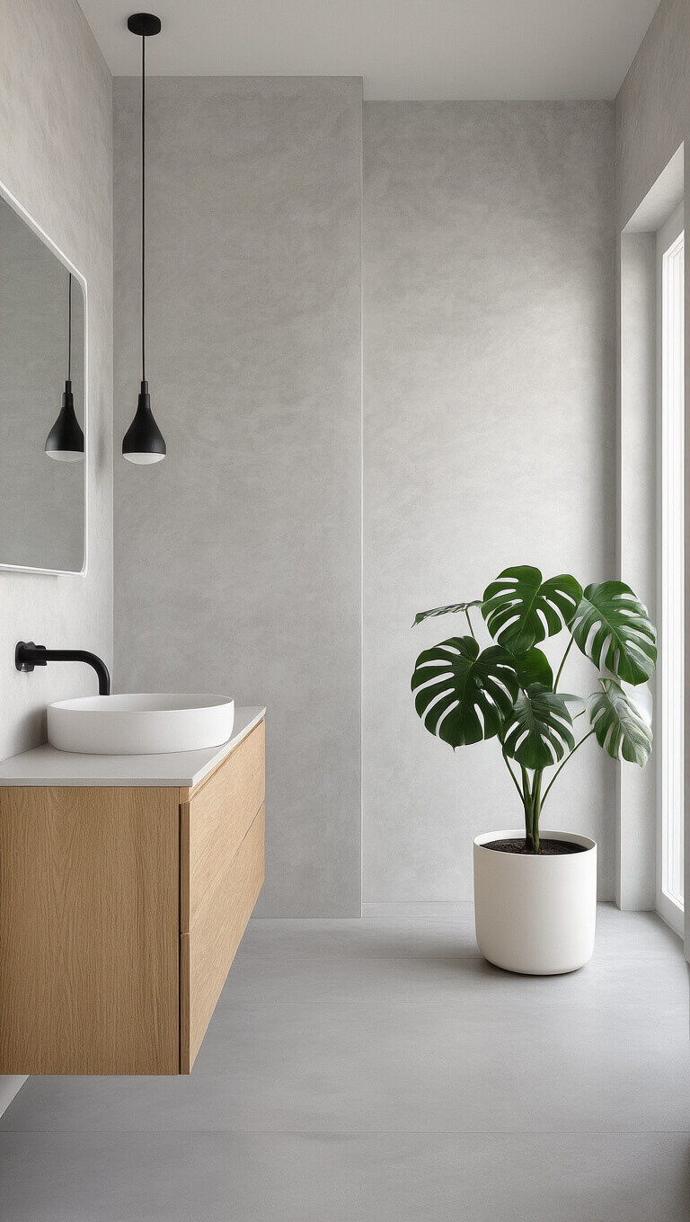 Scandinavian minimal bathroom with floating wood vanity, black fixtures, and a monstera plant against light grey micro-cement walls at dawn.