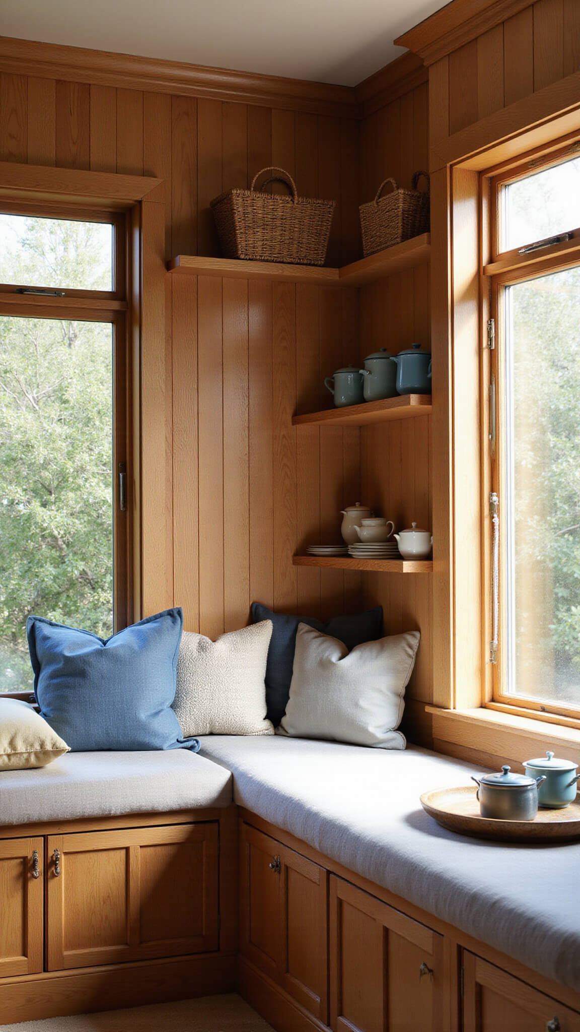 Cozy 8x8 breakfast nook with natural oak built-ins, window seat, vintage enamelware, woven baskets, and soft throw pillows in warm morning light.