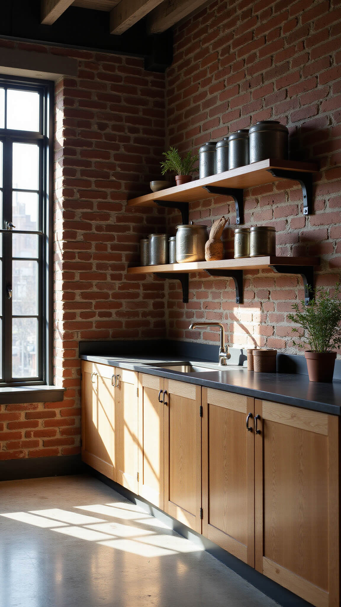 Industrial-style kitchen with raw-edge oak cabinets, exposed brick wall, factory windows casting late-day shadows, and mixed metal and wood decor.