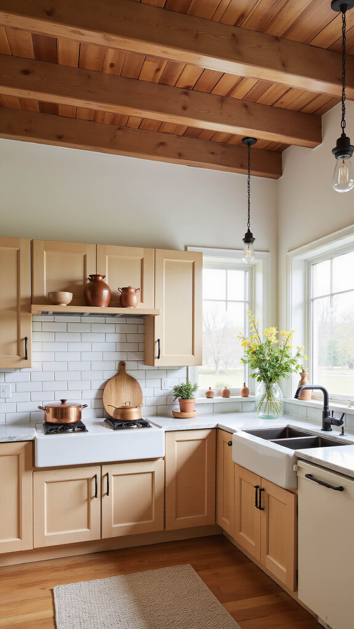 L-shaped farmhouse kitchen with maple shaker cabinets, cream marble counters, exposed beams, apron sink, subway tile, and vintage lighting.