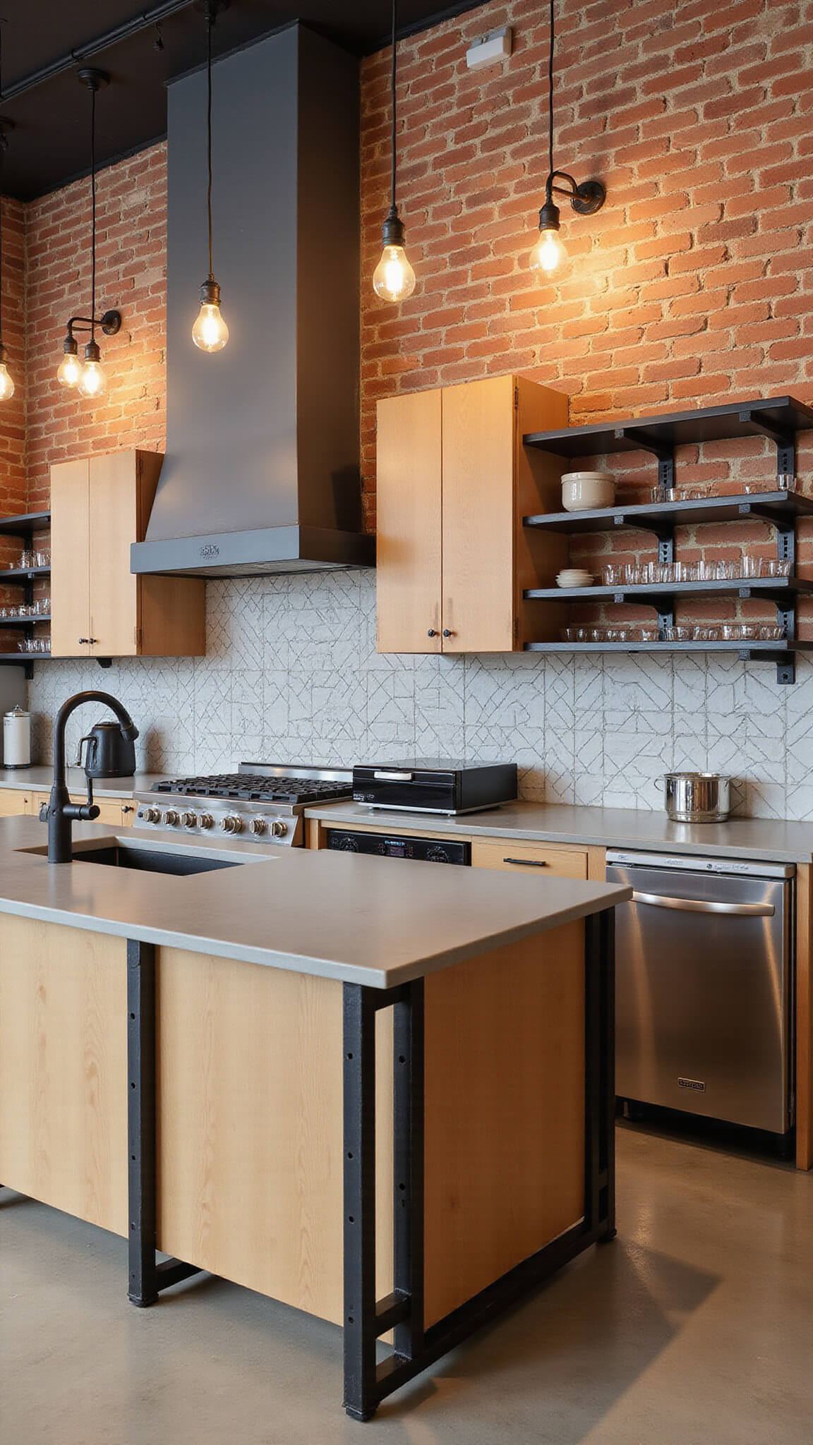 Industrial chic loft kitchen with exposed brick wall, maple cabinets with steel accents, concrete countertops, black metal shelving, Edison bulb lighting, geometric tile backsplash, and commercial appliances.