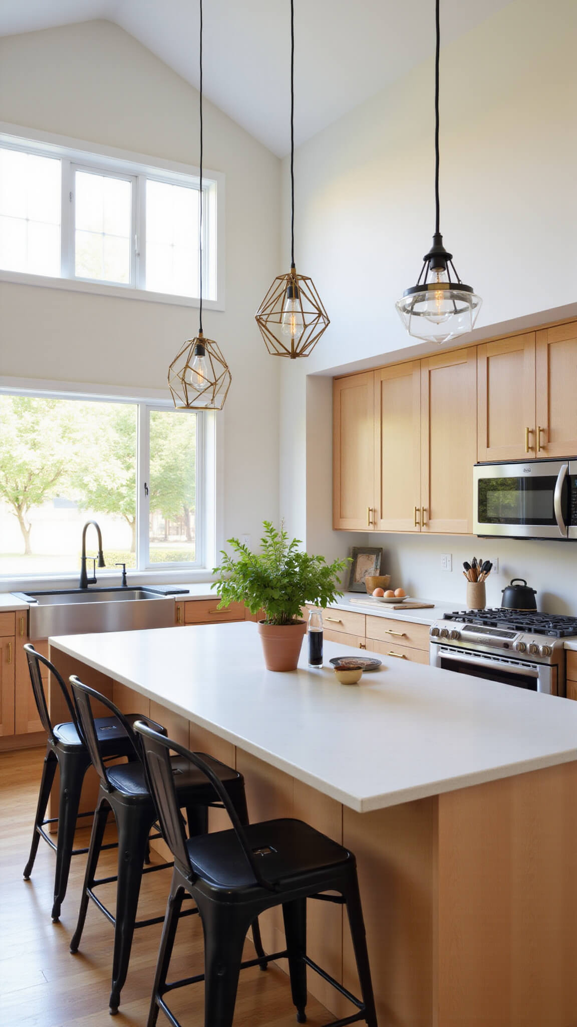 Modern kitchen with tall maple cabinets, white quartz countertops, center island with black barstools, stainless appliances, and natural morning light streaming through large windows.