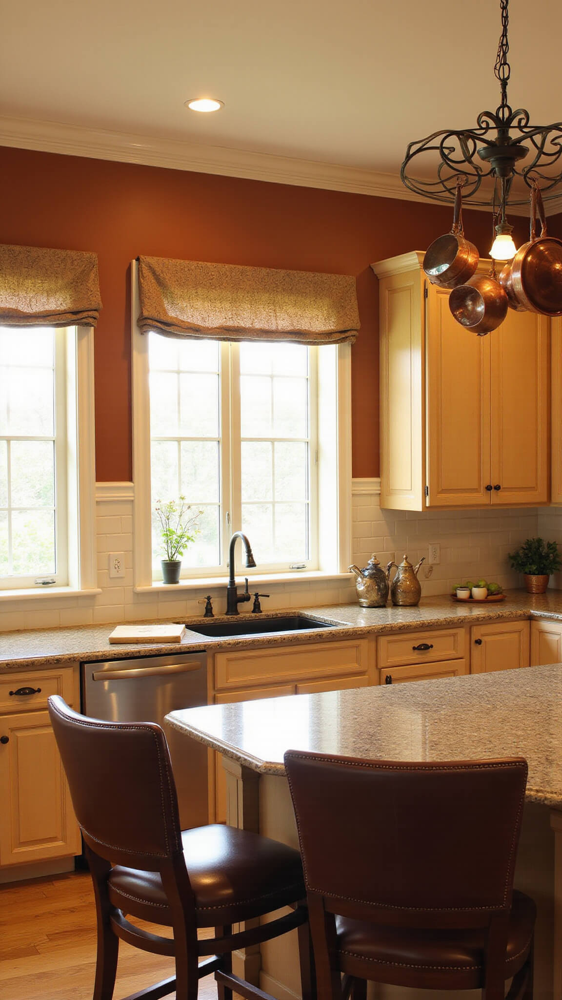 Warm, spacious traditional kitchen with light maple cabinets, terracotta walls, farmhouse sink, and copper cookware under golden hour lighting.