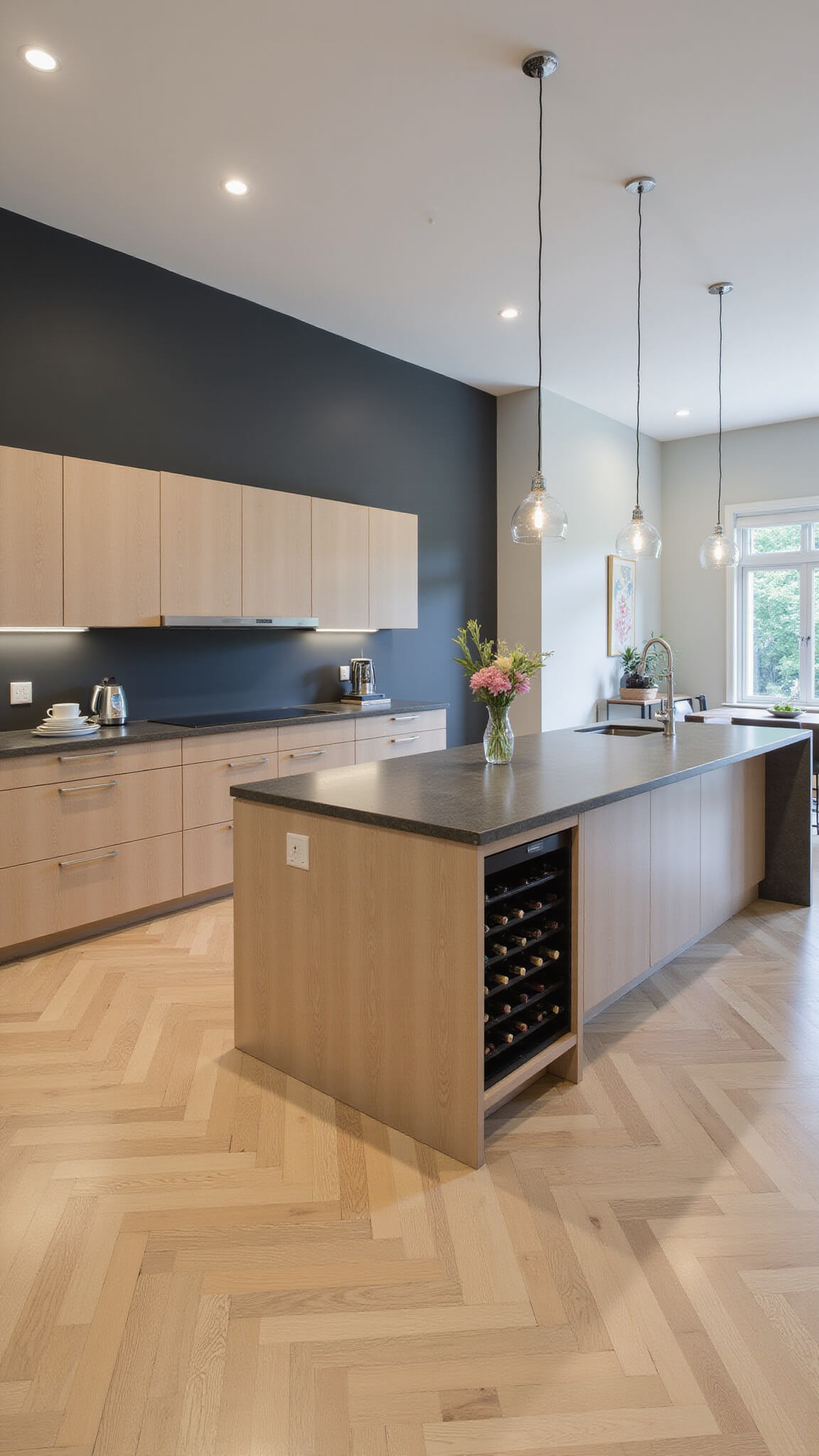 Modern open-concept kitchen with light maple cabinets, slate gray waterfall island, and herringbone white oak flooring.