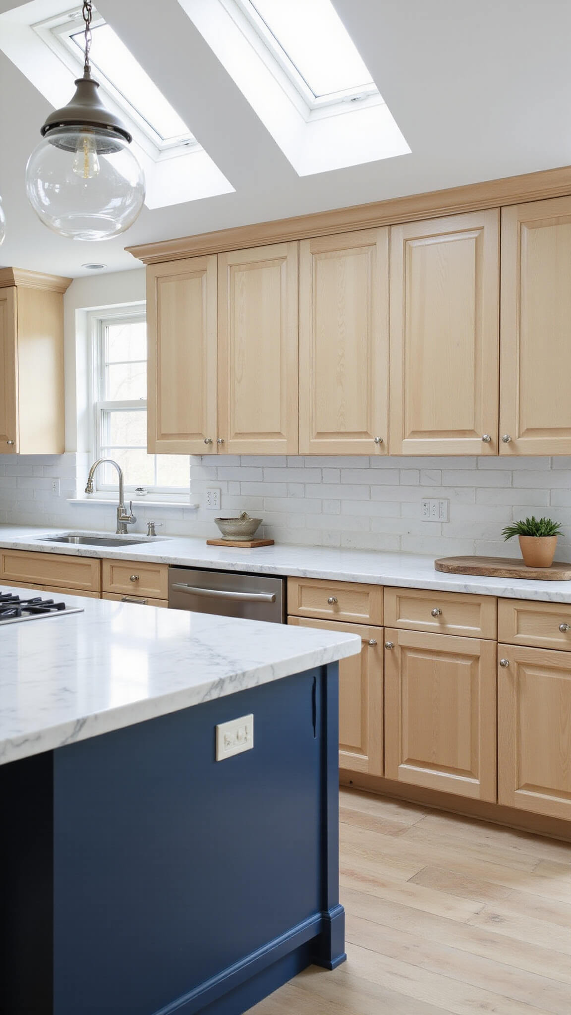 L-shaped 15x18ft kitchen with light maple beadboard cabinets, navy island, Carrara marble counters, subway tile backsplash, skylights, and vintage glass globe pendants.