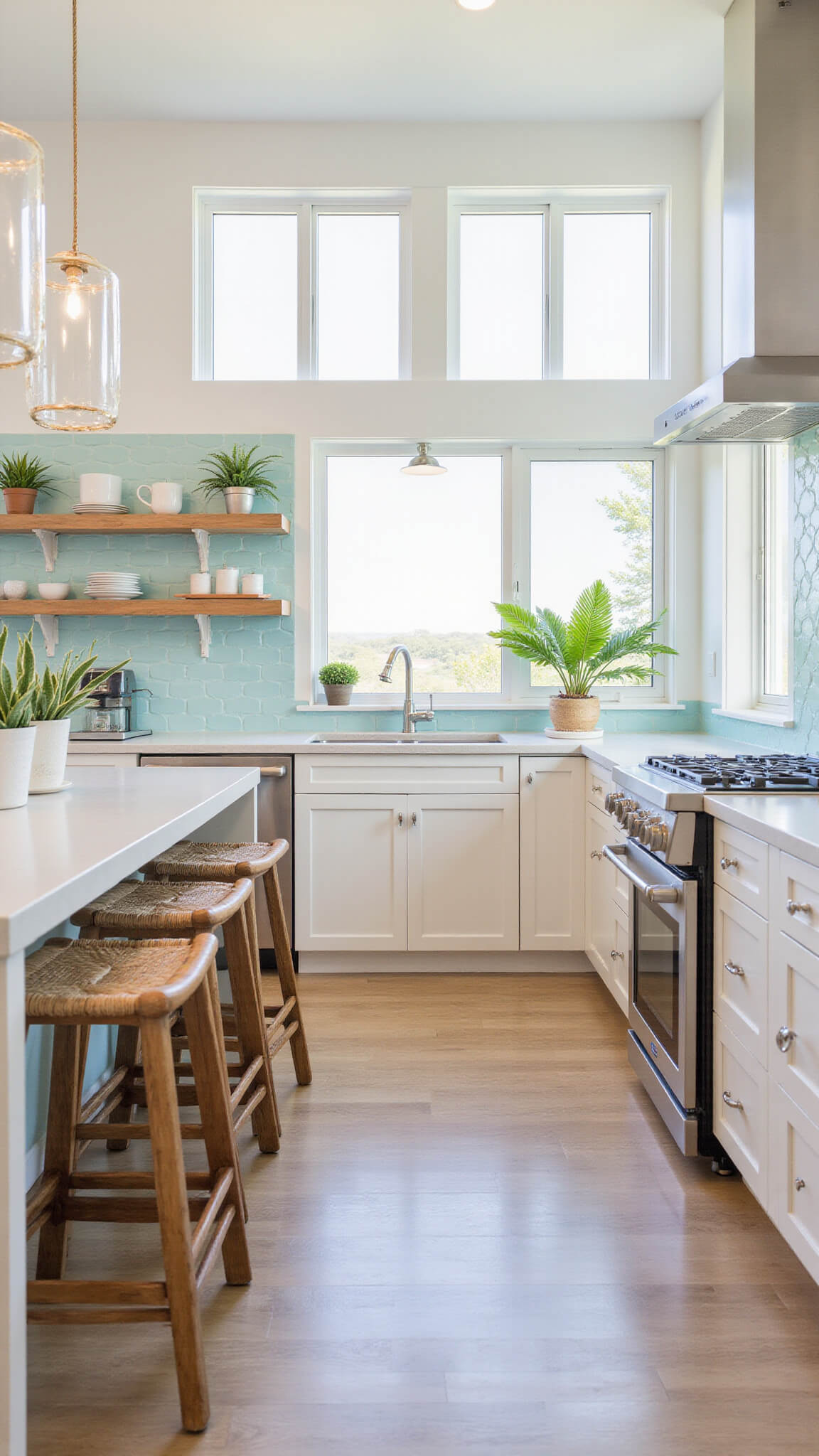 Bright coastal kitchen with light maple cabinets, aqua tile backsplash, white shelving, rope pendant lights, and rattan bar stools.
