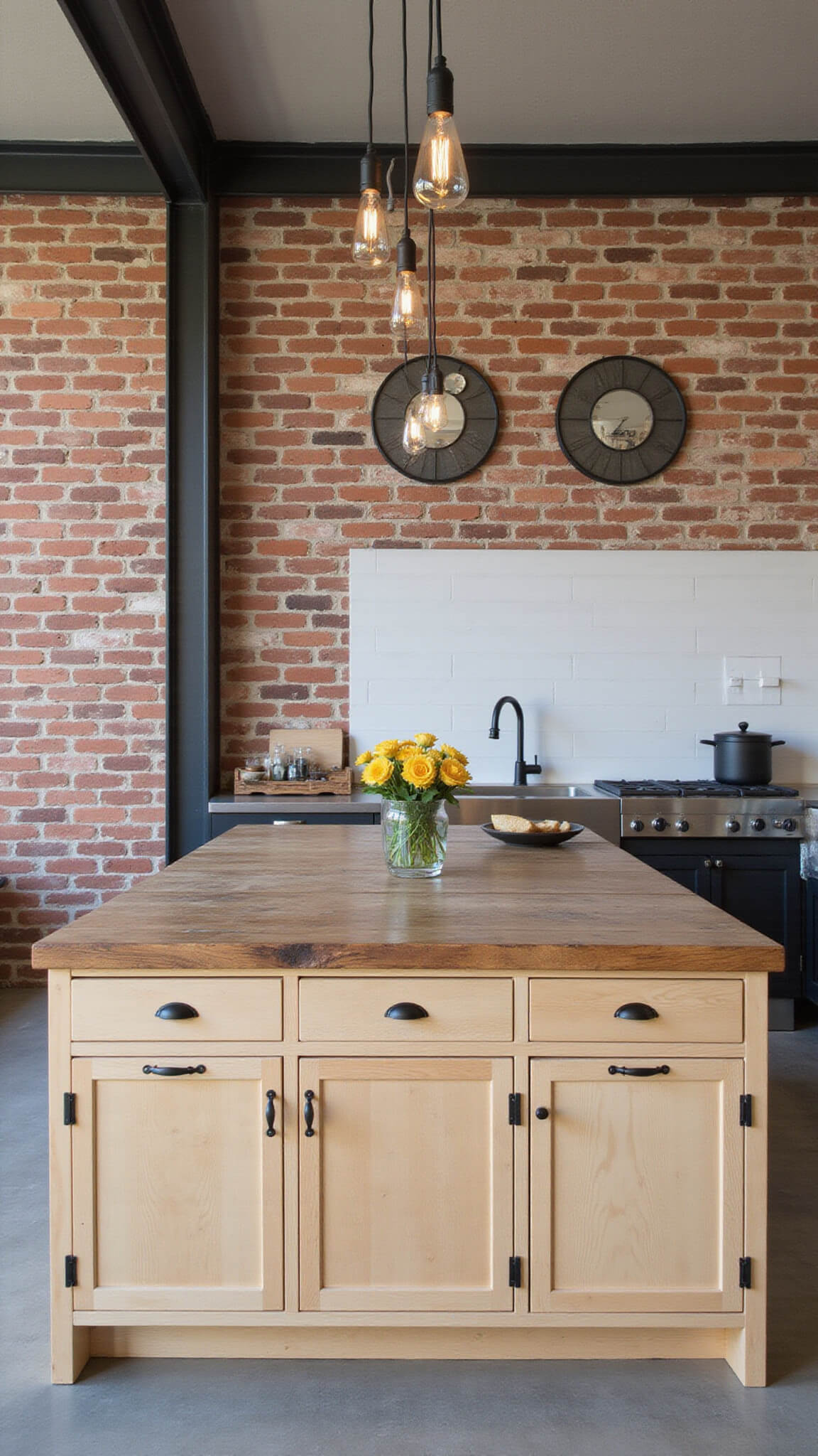Loft-style industrial kitchen with maple and black metal cabinets, exposed brick walls, concrete floors, and large reclaimed wood island under Edison bulb lights.