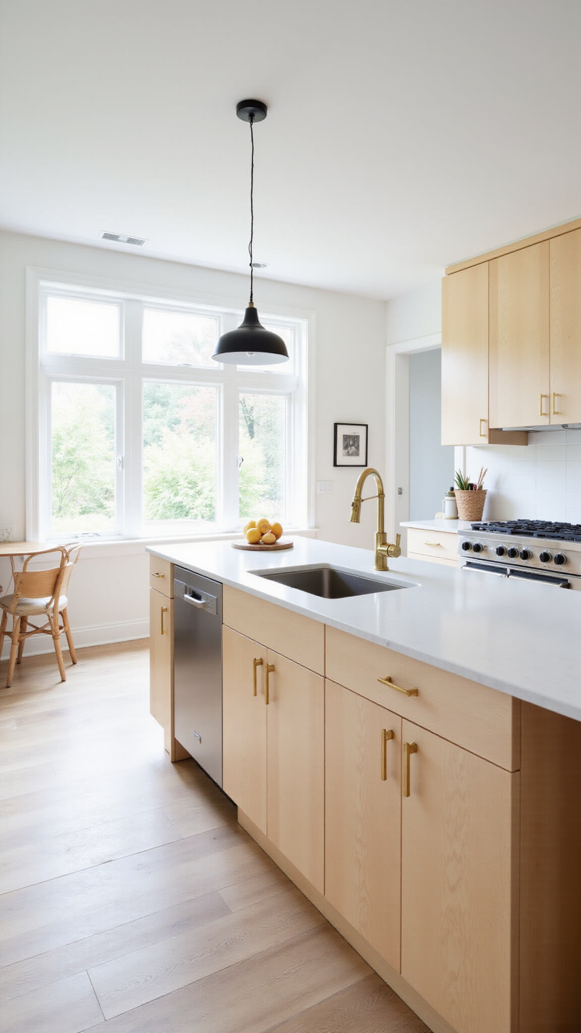 Scandinavian minimalist kitchen with light maple cabinets, white stone counters, black pendant lights, and morning sunlight through large windows.