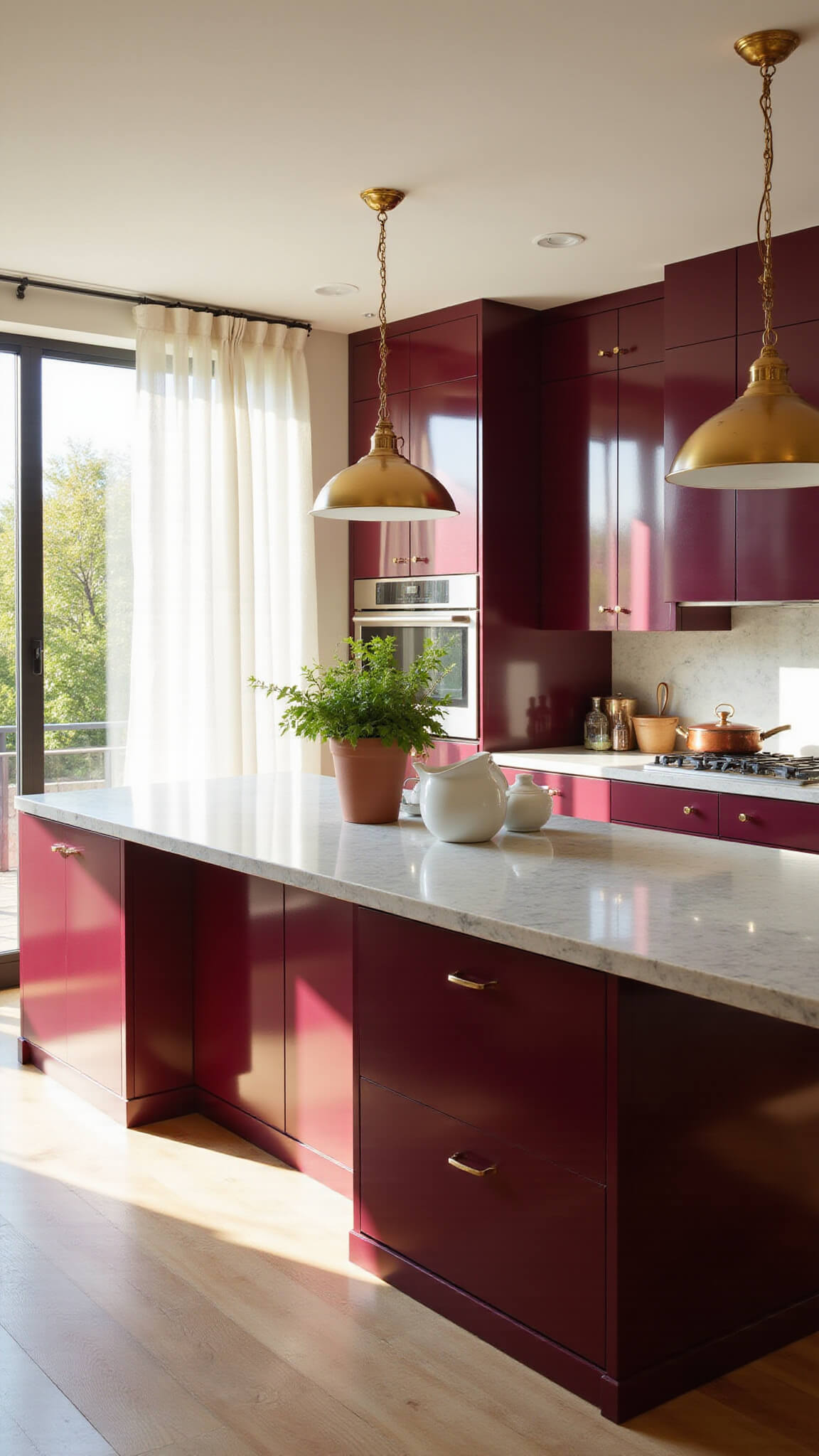 Modern kitchen with glossy burgundy cabinets, white quartz countertops, brass pendant lights, and white oak flooring, bathed in golden hour sunlight through sheer curtains.