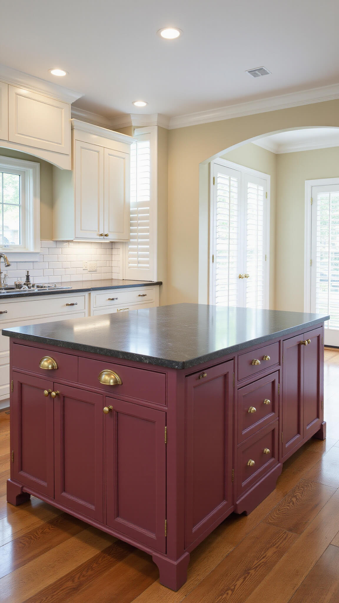 Transitional kitchen with burgundy lower cabinets and cream uppers, charcoal soapstone counters, antique brass hardware, and morning light through plantation shutters.