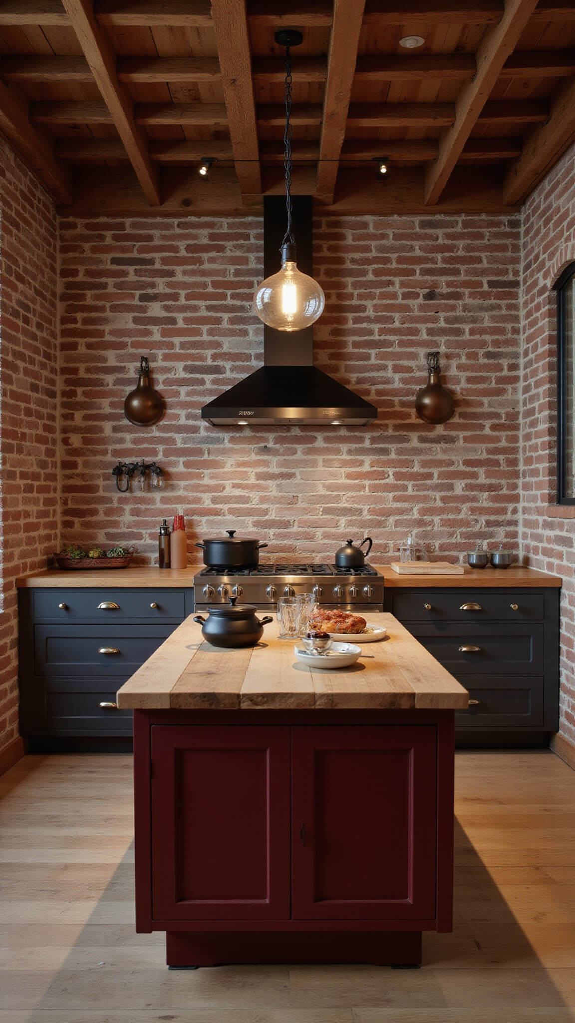 Rustic-industrial kitchen with exposed brick, wooden beams, burgundy island with reclaimed wood top, Edison bulb lighting, copper accents, and moody spotlighting.