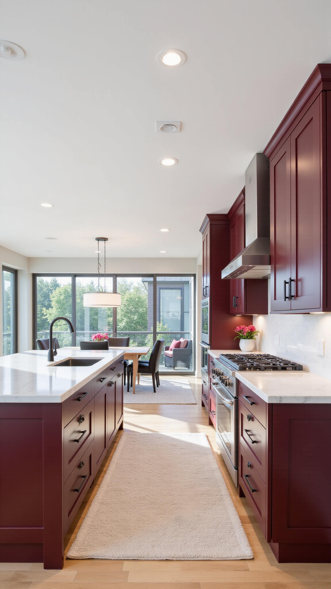 Modern open-concept kitchen with burgundy cabinets, white marble surfaces, and stainless appliances, lit by afternoon sun through floor-to-ceiling windows.