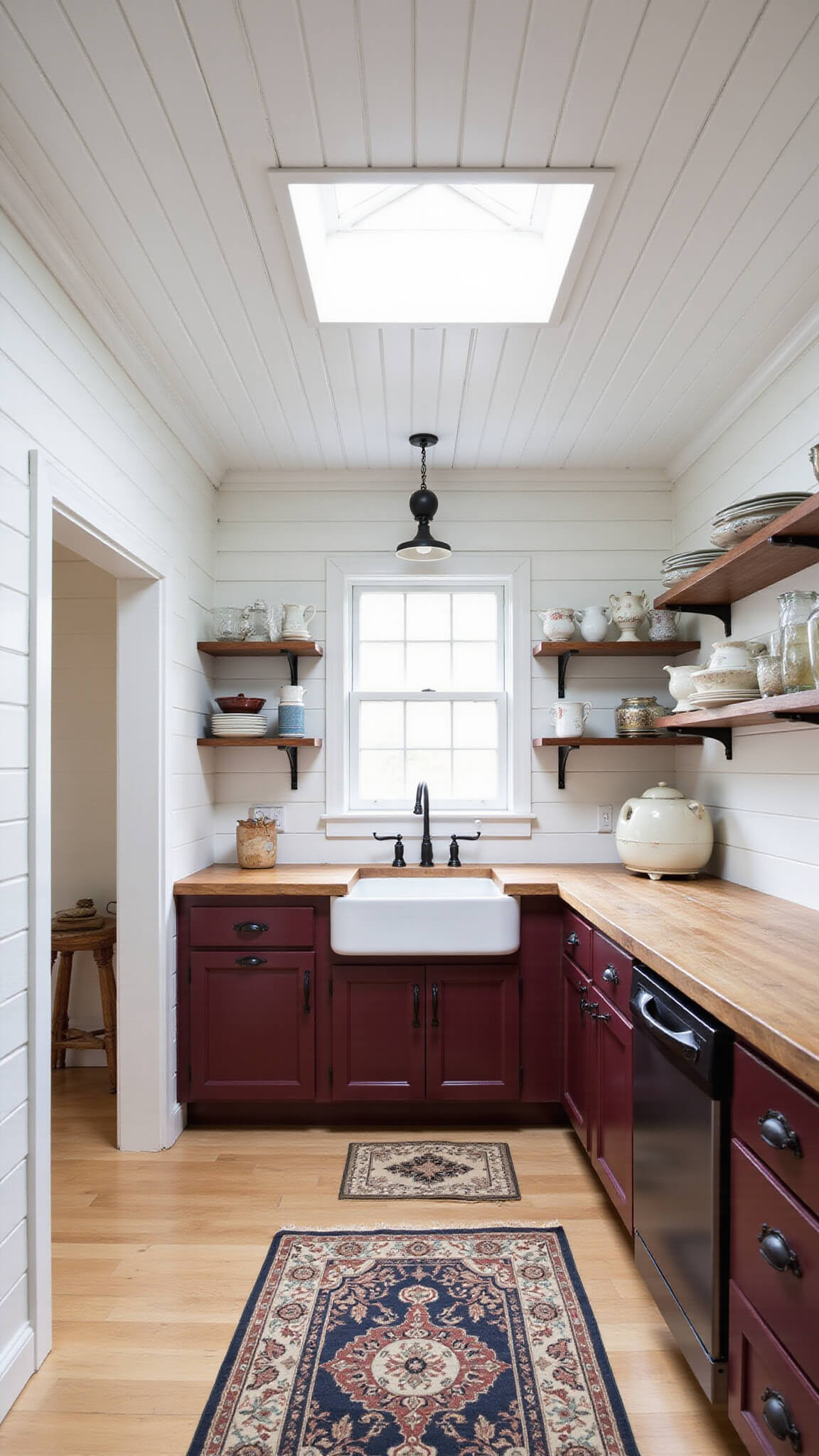 Farmhouse kitchen with burgundy lower cabinets, butcher block counters, shiplap ceiling, skylight, vintage rug, ceramic sink, and open shelves displaying ironstone, viewed from entrance with soft, diffused lighting.
