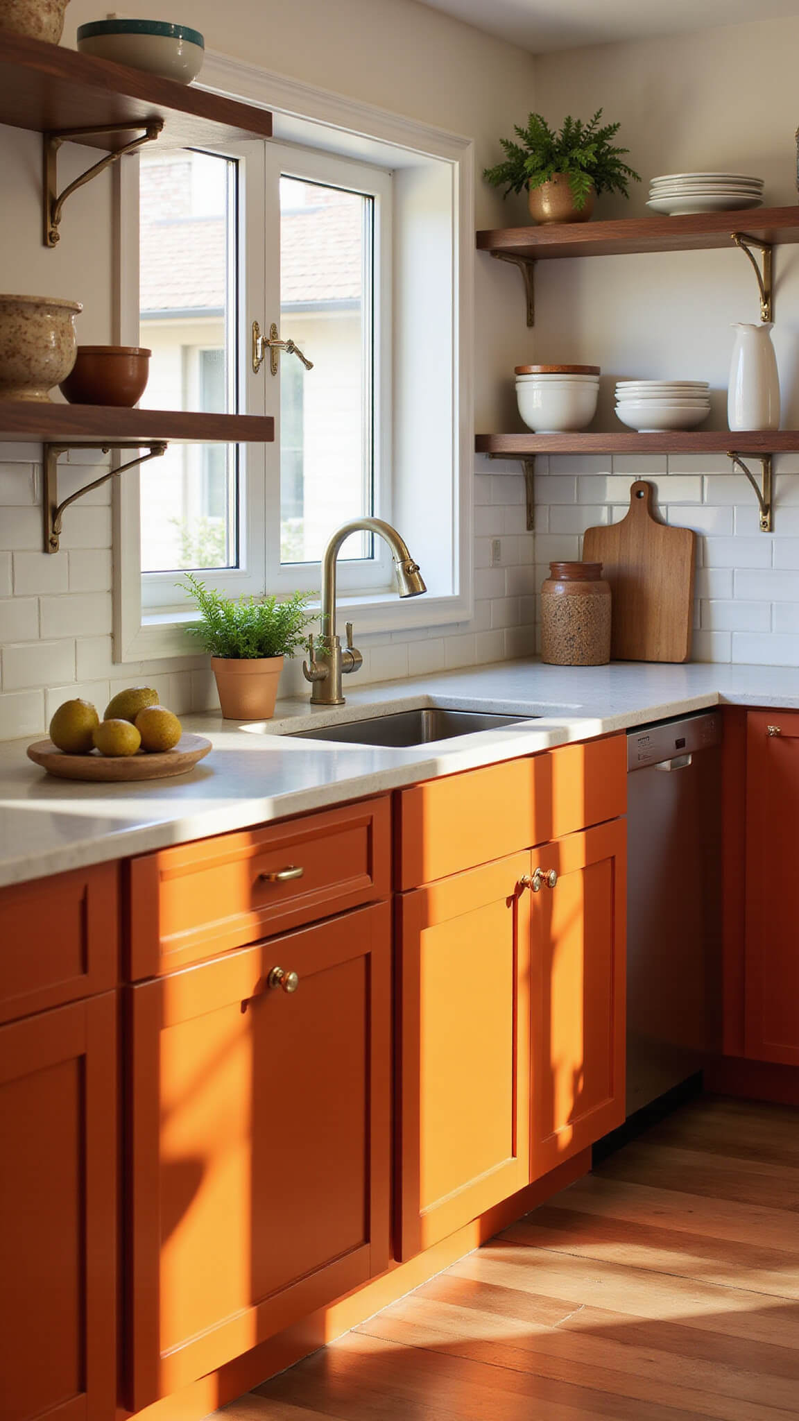 Contemporary sunlit kitchen with burnt orange lower cabinets, white uppers, gold hardware, quartz countertops, and walnut open shelving at golden hour.
