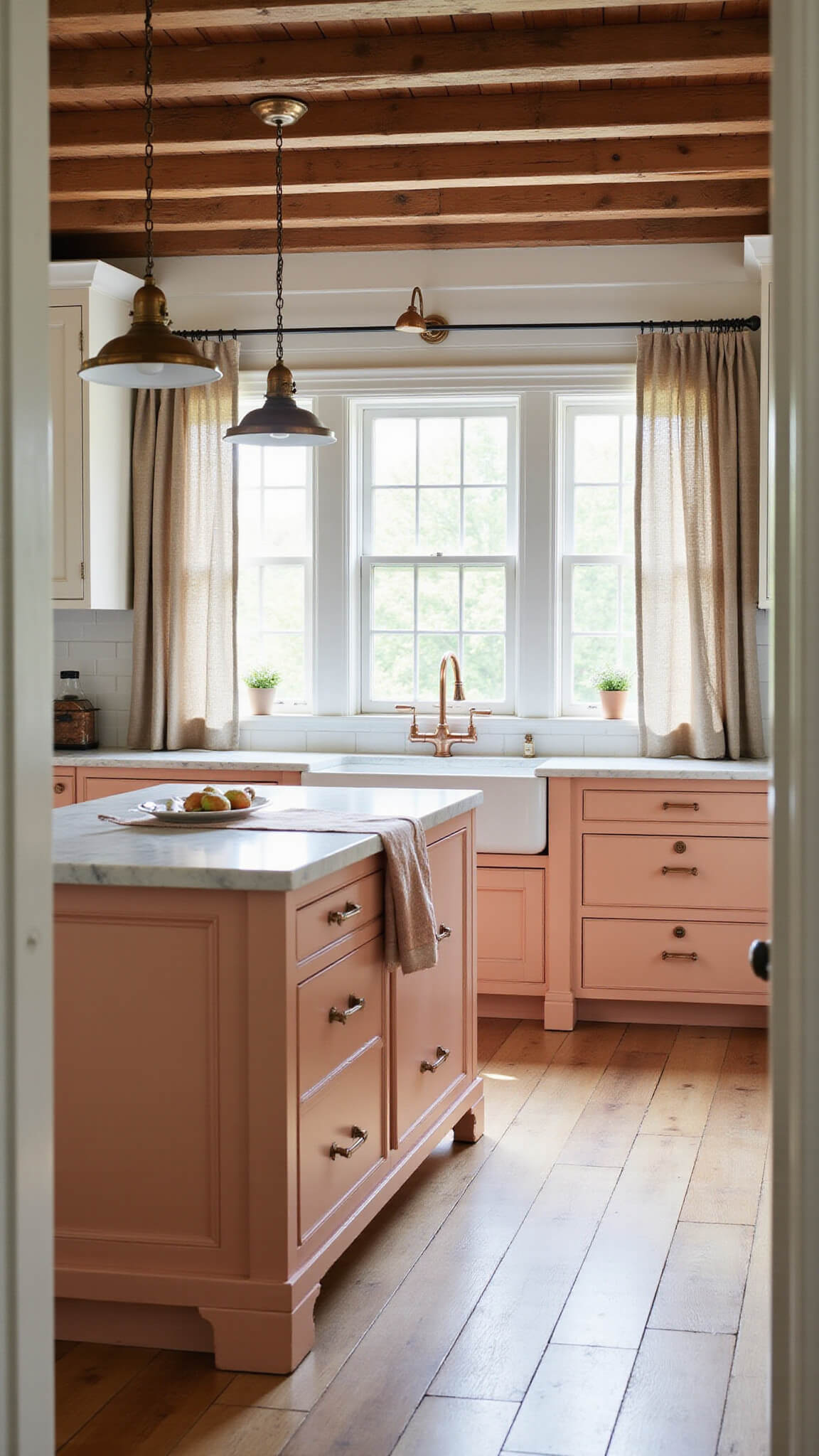 Farmhouse kitchen with peach and cream cabinets, exposed beams, butcher block island, and soft morning light creating a cozy, nostalgic atmosphere.