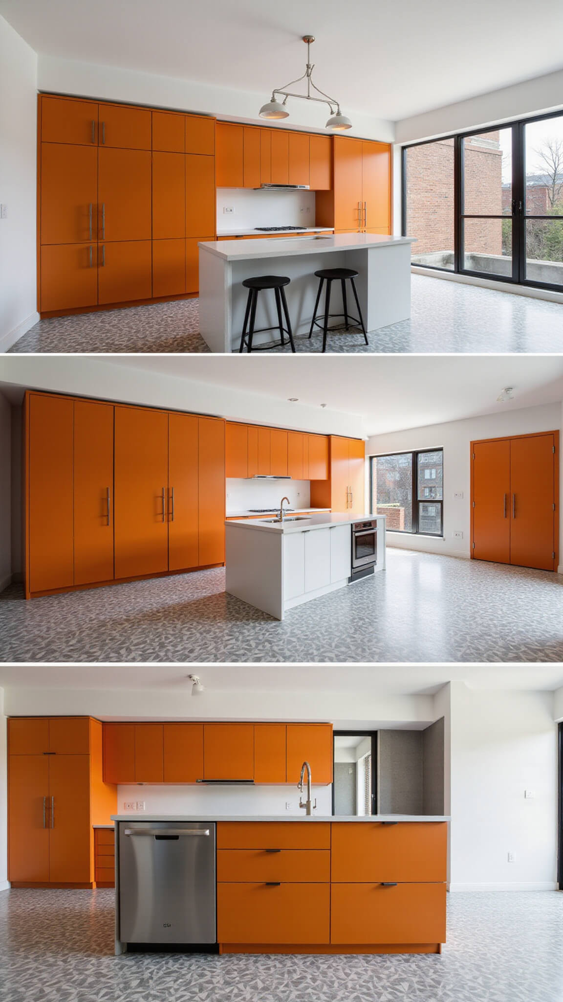 Modern minimalist kitchen with bold tangerine floor-to-ceiling cabinets, white waterfall island, matte black fixtures, and geometric grey-and-white tile floor.