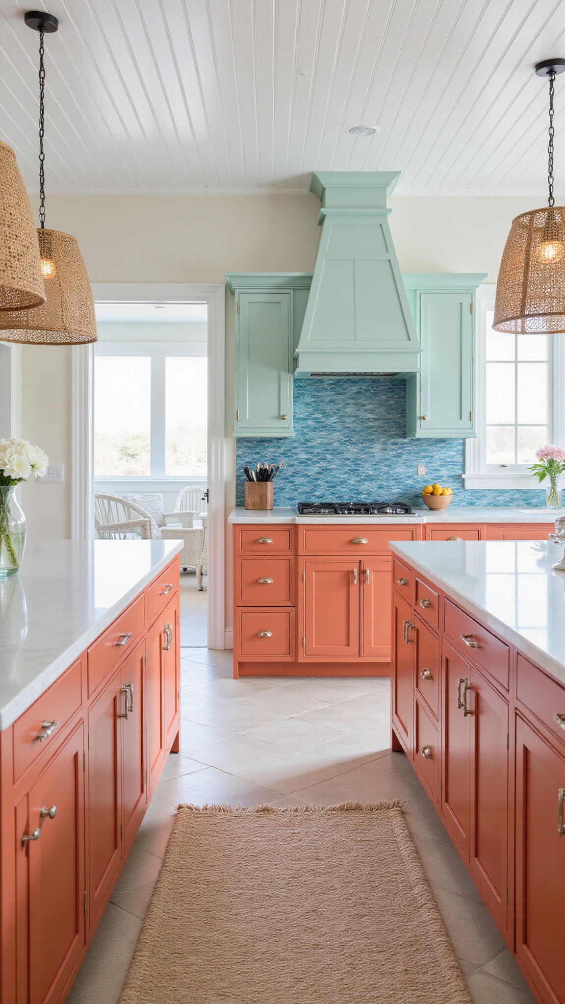 Coastal kitchen with coral lower cabinets, seafoam upper cabinets, white beadboard ceiling, blue wave-pattern backsplash, and rattan pendant lights in bright afternoon light.