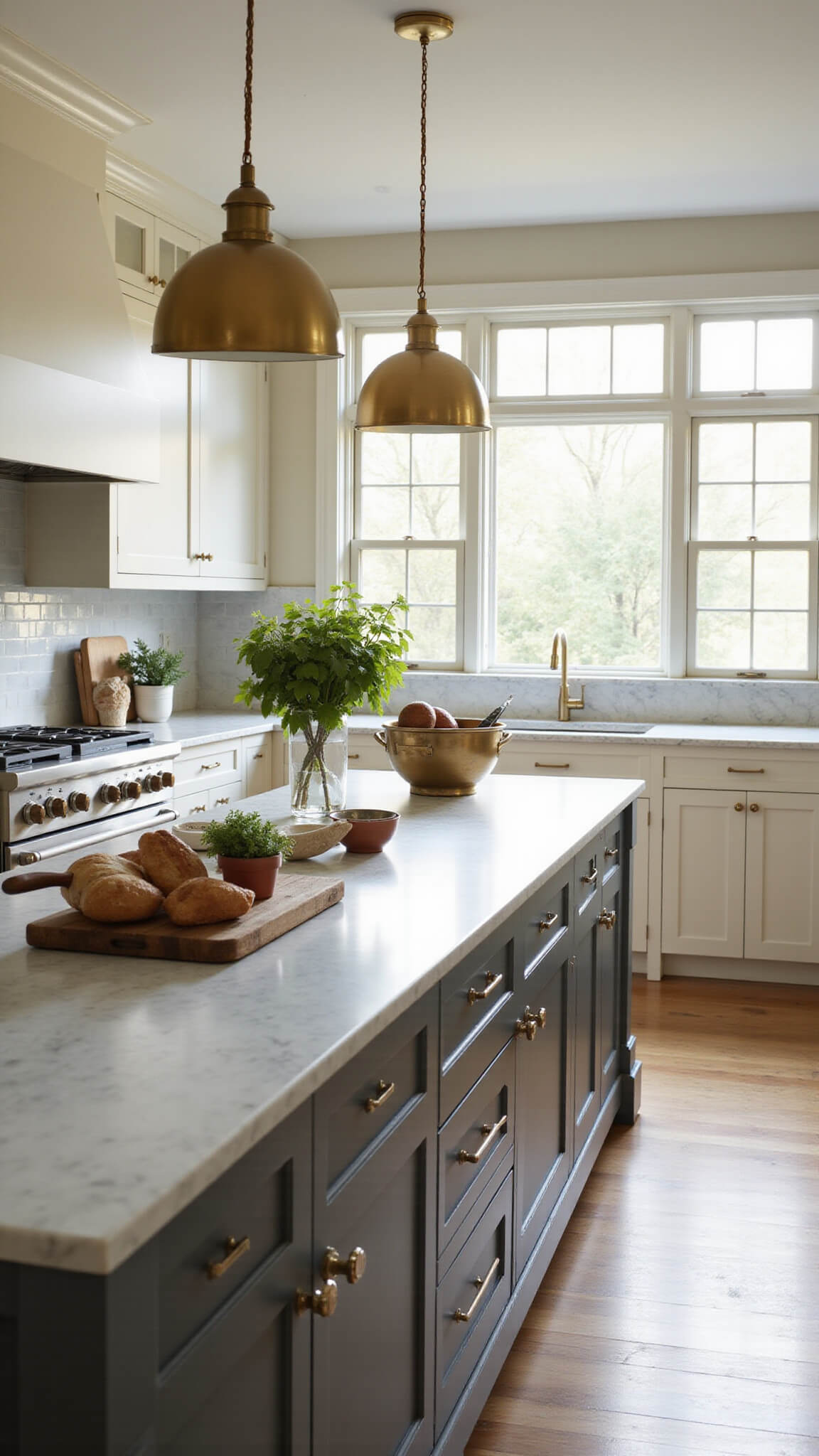 Bright, spacious kitchen with alabaster shaker cabinets, Carrara marble countertops, brass lighting over a central island, copper cookware, and natural light from floor-to-ceiling windows.