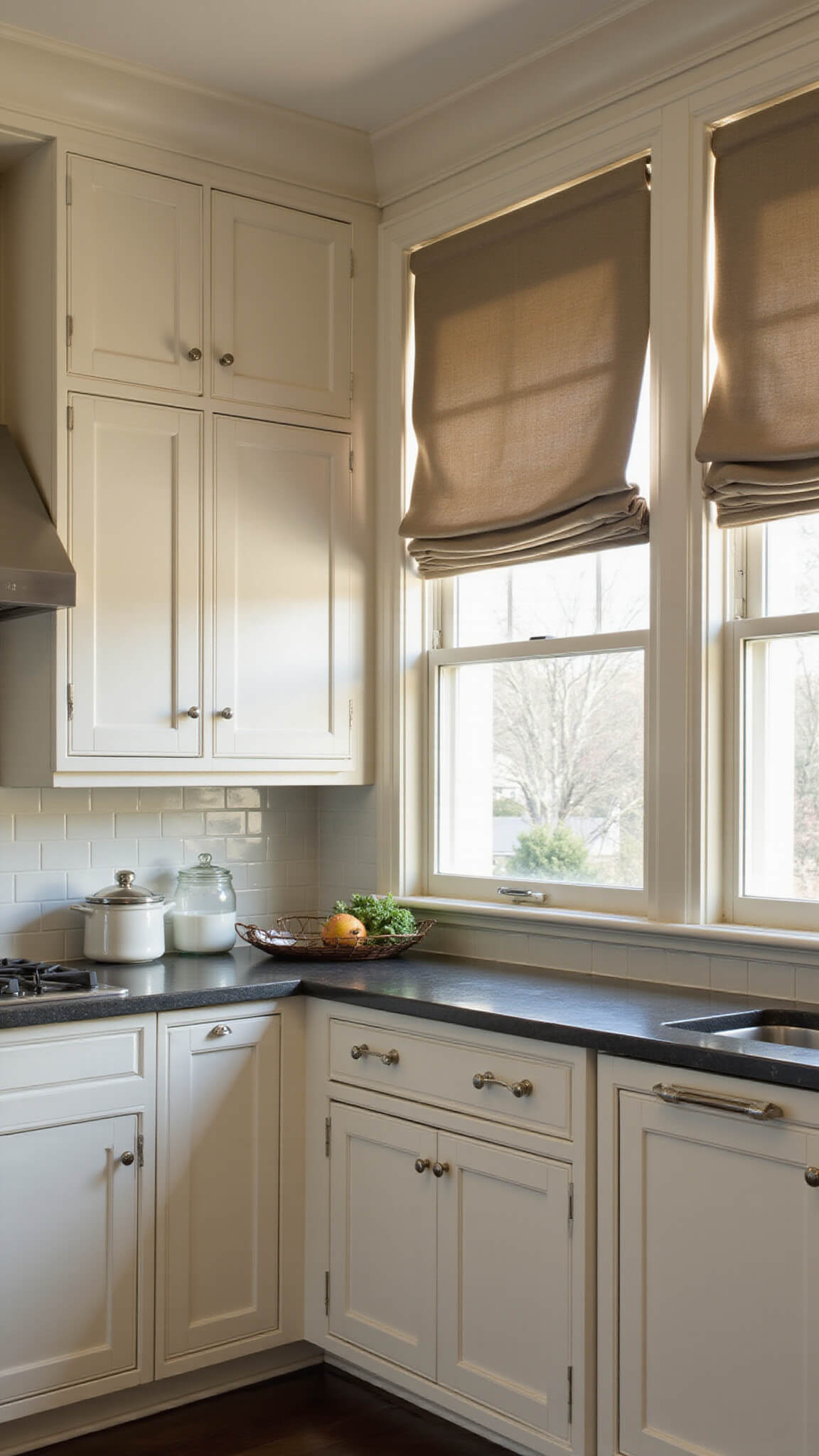 Corner kitchen with alabaster cabinets, dark soapstone counters, and dramatic golden hour lighting casting long shadows through Roman shades.