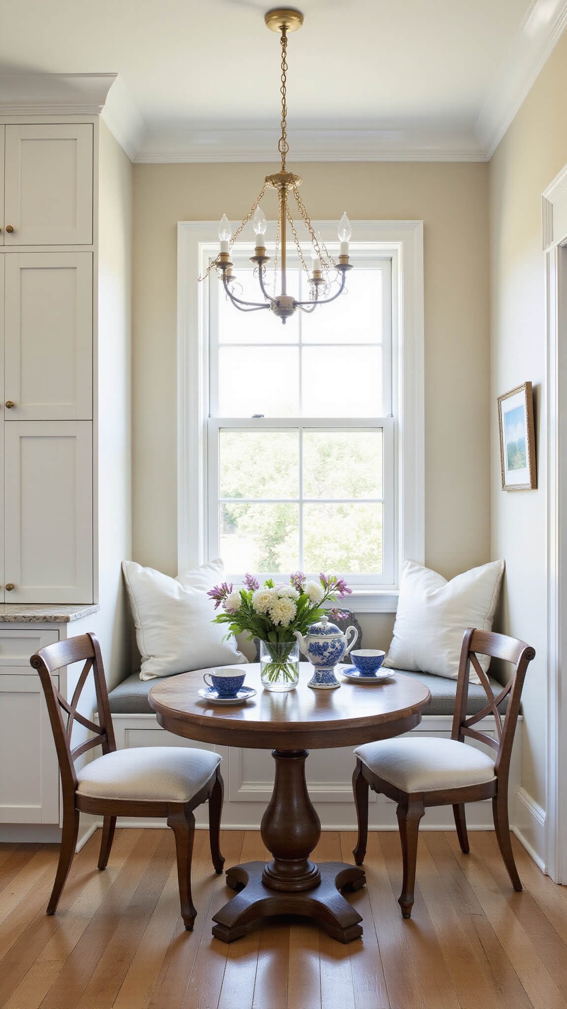 Cozy breakfast nook with round weathered oak table, cross-back chairs, built-in alabaster cabinets, cream window seat cushions, and blue-white chinoiserie accents under a champagne gold chandelier.