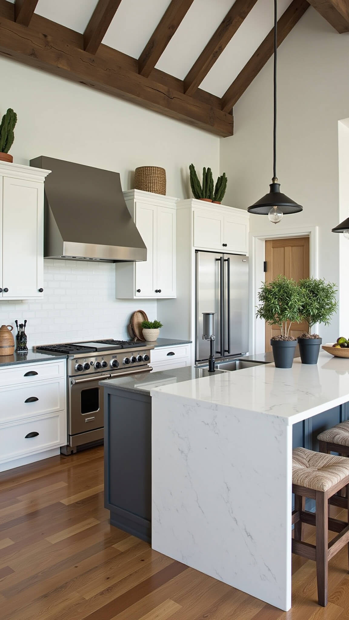 Modern farmhouse kitchen with 20ft ceiling, exposed beams, alabaster cabinets, black hardware, large quartz island, industrial lighting, and warm wood accents.