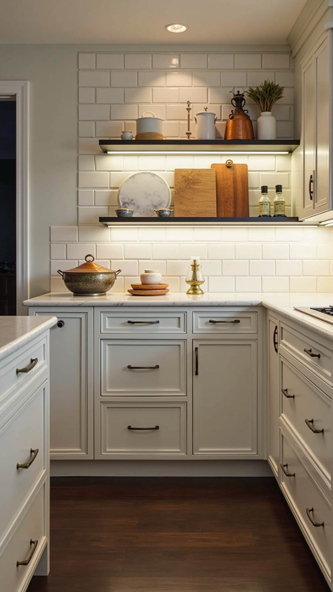 Galley kitchen with alabaster cabinets and under-cabinet lighting highlighting subway tile backsplash, featuring open shelves with white pottery and vintage copper accents in moody dusk lighting.